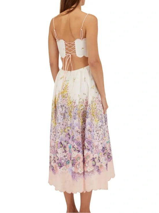 Zimmermann White Floral Scalloped Midi Dress with Pink & Yellow Accents - Picture 4 of 6